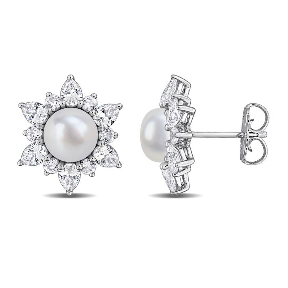 2.00 Carat (ctw) Lab-Created White Sapphire and Freshwater Cultured Pearl Earrin